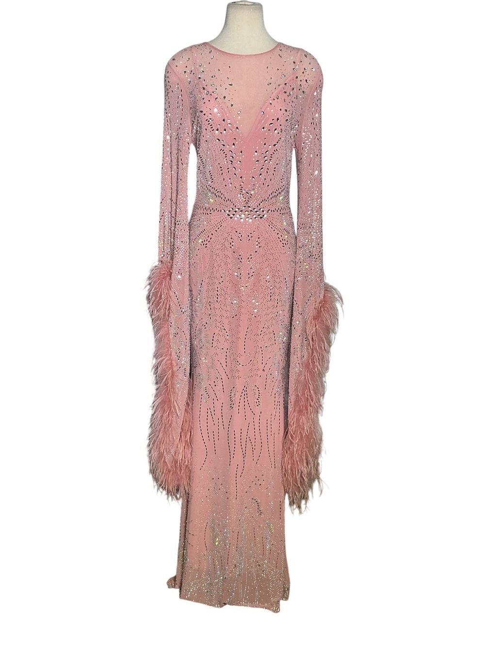 New with Tags Zsa Zsa Gabor Goddess Feather Bell Sleeve Bedazzled Maxi Gown Dres